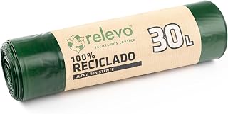 Relevo Green Drawstring Bin Bags - 30L (Width 55 cm x Height 60 cm), 15 Bags per Roll | Extra Strong Bin Liners | 100% Recycled LDPE from Greenhouses | Made in Spain – Blue Angel Certified