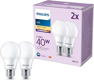 PHILIPS LED Frosted A60 Light Bulb 2 Pack [Warm White 2700K - E27 Edison Screw] 40W, Non Dimmable. for Home Indoor Lighting