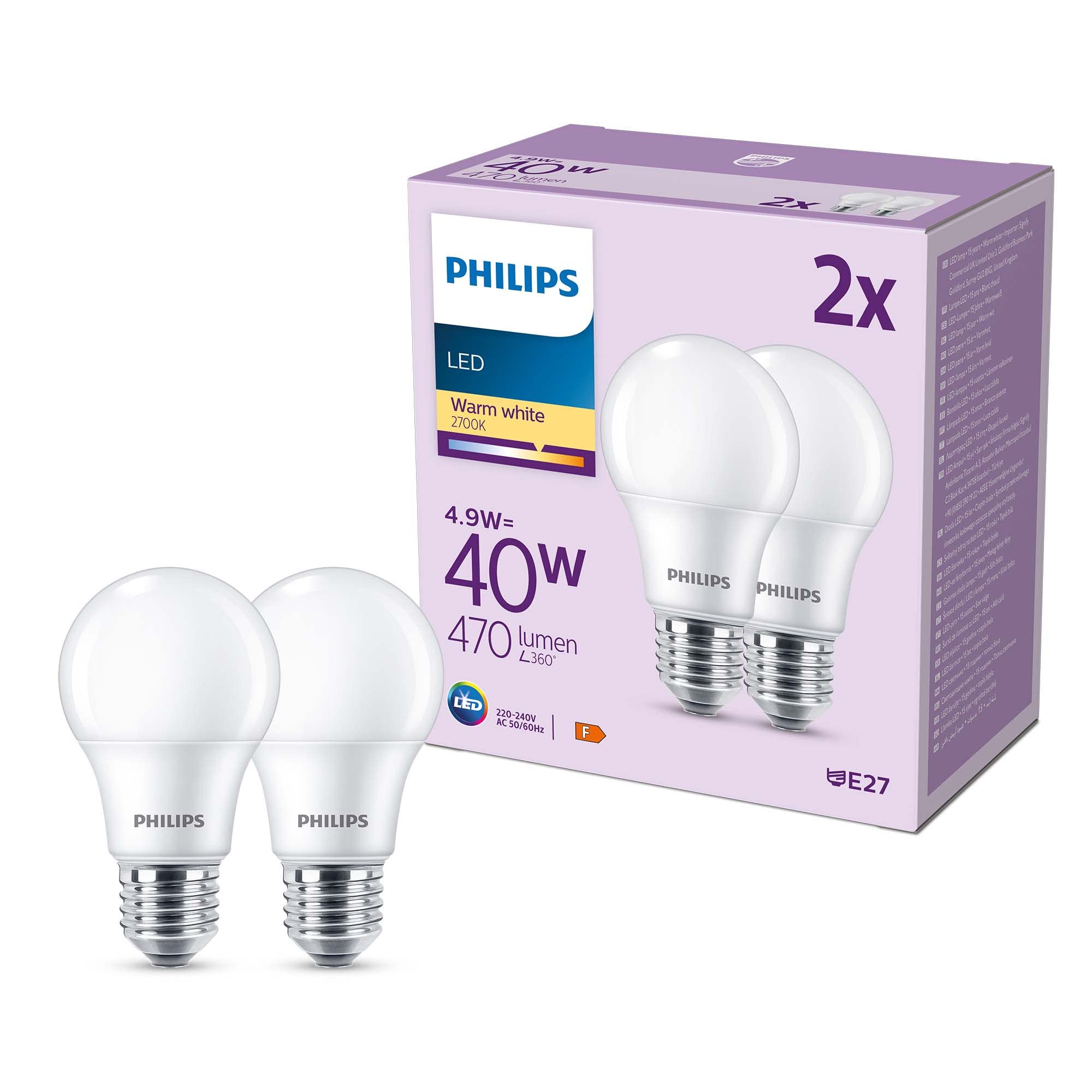 PHILIPS LED Frosted A60 Light Bulb 2 Pack [Warm White 2700K - E27 Edison Screw] 