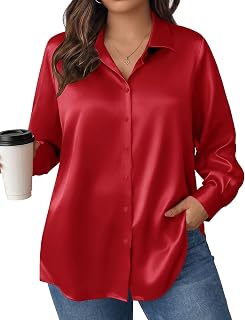 IN'VOLAND Women Plus Size Satin Blouses Long Sleeve Button Down Silk Shirts