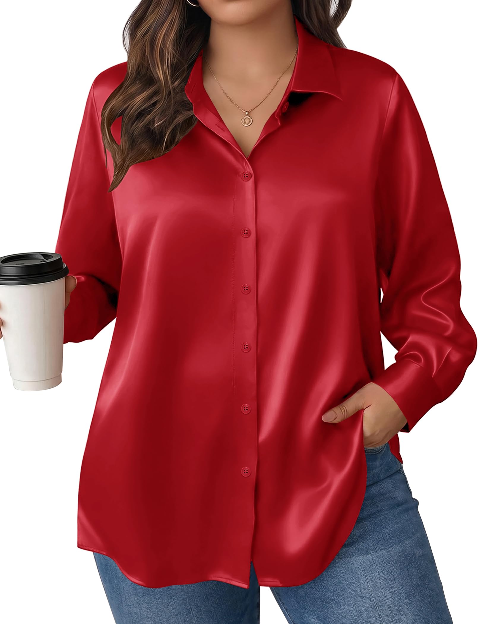 IN'VOLAND Women Plus Size Satin Blouses Long Sleeve Button Down Silk Shirts