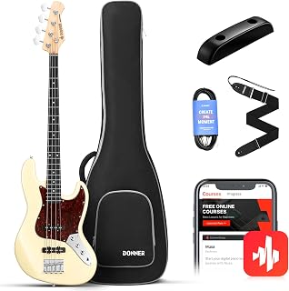 Donner Electric Bass 4 Strings Full-Size Guitar Kit JB-Style | Standard Bass Beginner Kit White for Starter with Free Online Lesson Gig Bag Guitar Strap and Guitar Cable, DJB-510