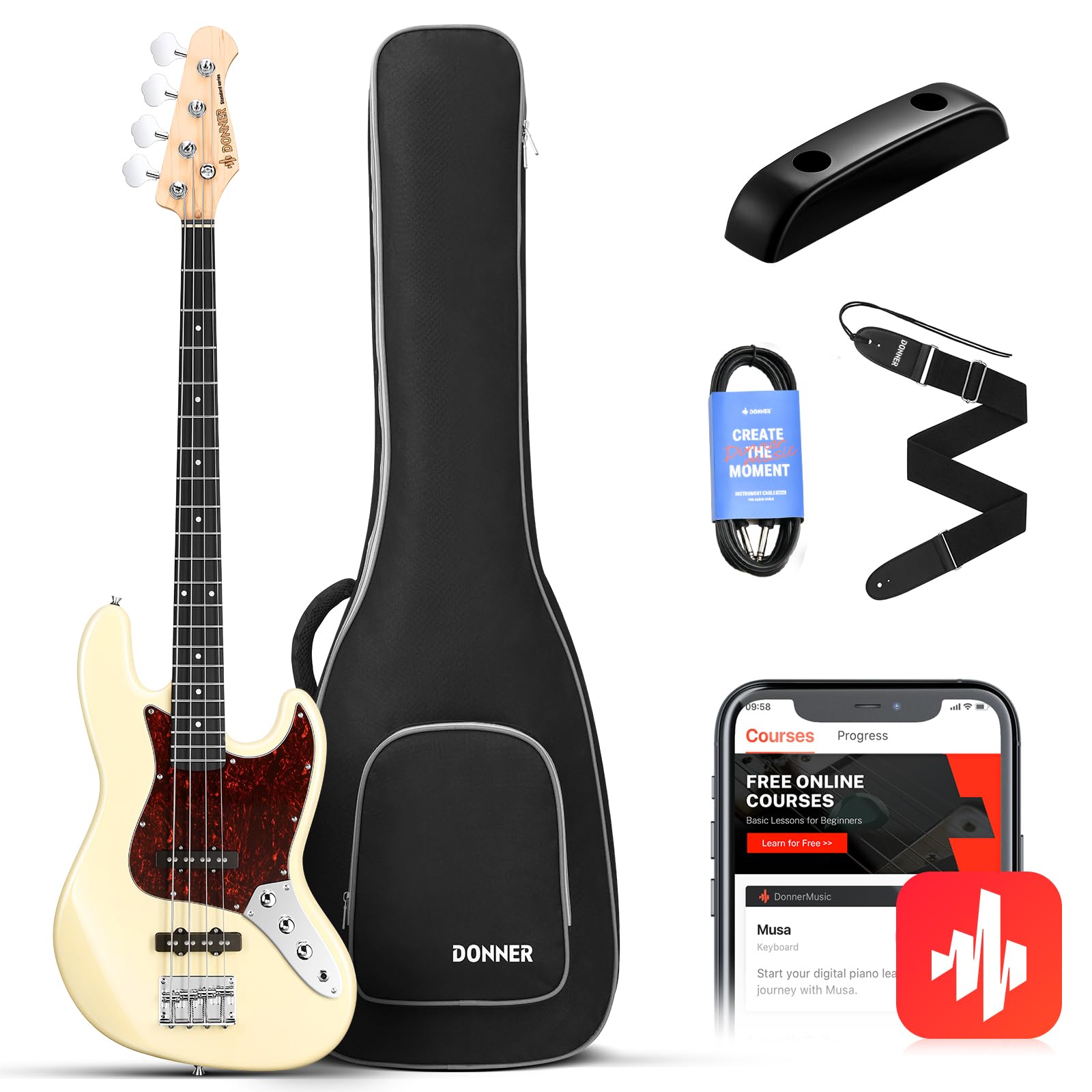 Donner Electric Bass 4 Strings Full-Size Guitar Kit JB-Style | Standard Bass Beg