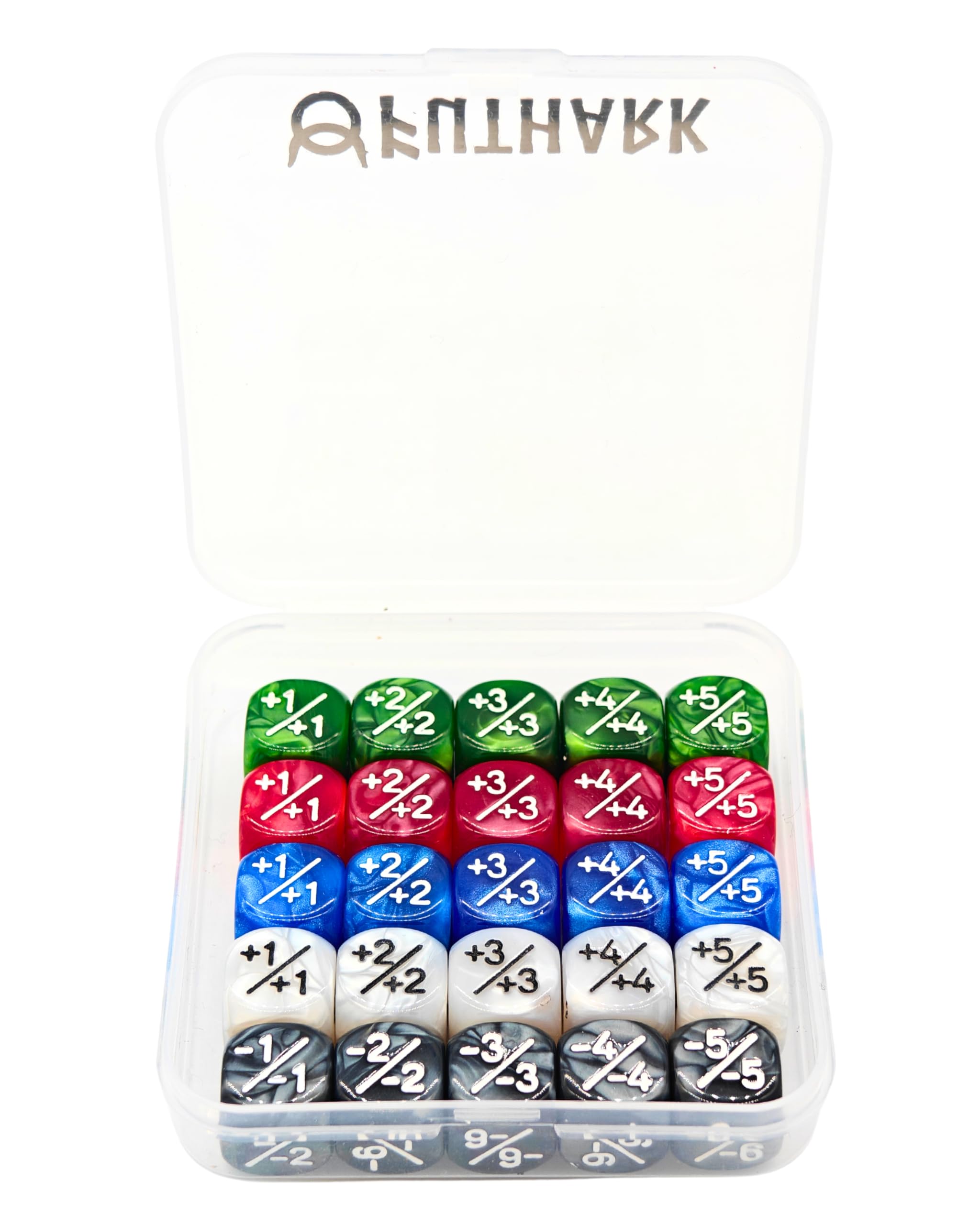 Futhark MTG Counter Dice Set - 25 Compact Multicolored Acrylic Dice with Plus/Mi