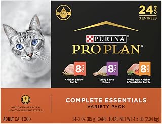 Purina Pro Plan Complete Essentials Wet Cat Food Variety, (24) 3 oz Cans | Chicken & Rice, Turkey & Rice, and White Meat Chicken & Vegetables Entrees, with antioxidants for healthy immune system