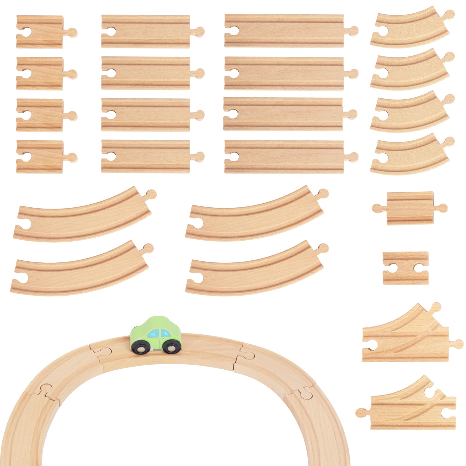 WoodenEdu Wooden Train Tracks, 24Pcs Track Expansion Wooden Railway System | 100