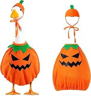 UPEOXT 2 Pcs Porch Goose Outfits, Halloween Pumpkin Costume | Soft Plush Fabric, Orange Body, Green Leaf Collar, 1 Jack O Lantern Face, 1 Stem Hat, Lawn Statue Decor
