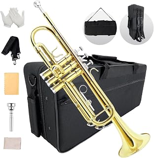 YoungMonic Bb Standard Trumpet Set for Beginners or students with Carrying Hard Case, 7C Mouthpiece, Cleaning Cloth and Gloves (gold)