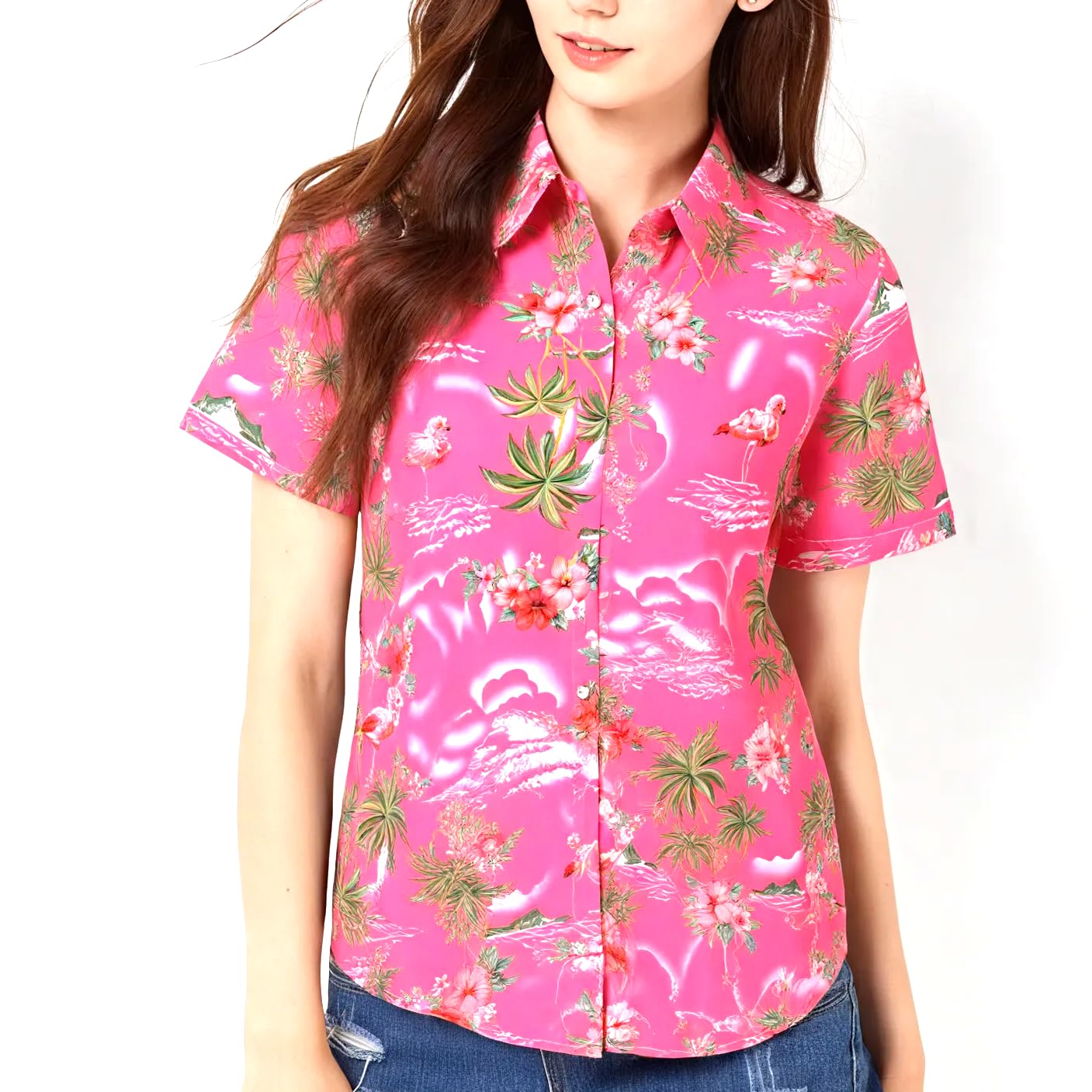 Tropical Group Women's Hawaiian Shirt Flamingo Casual Vacation Button Down Short