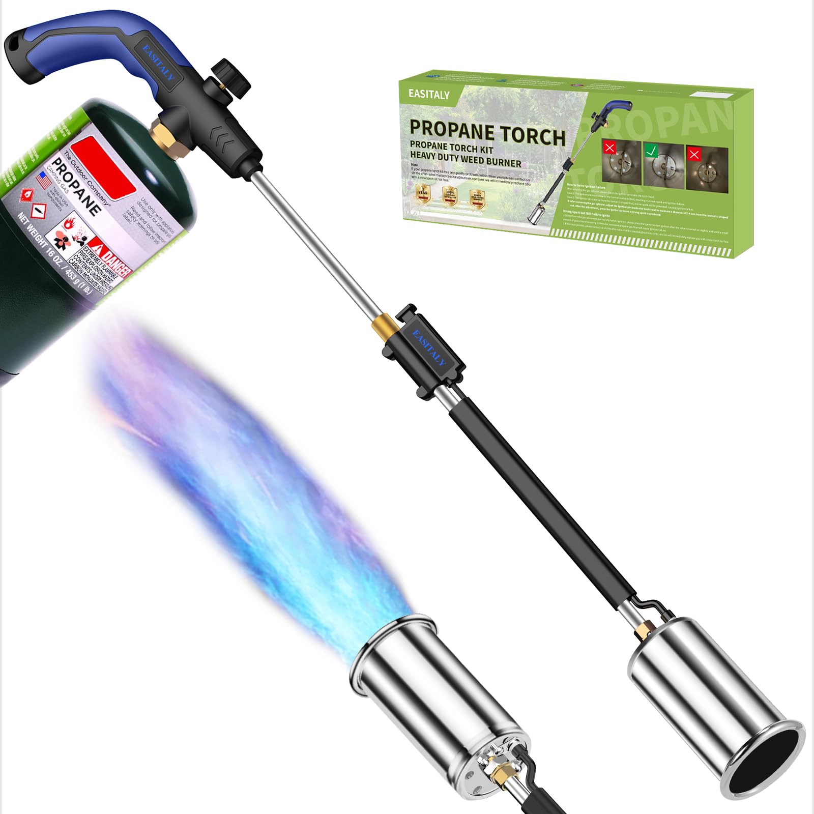 Heavy Duty Propane Weed Burner Torch, Self-Igniting Flame Thrower with Rubber Gr