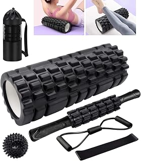 Foam Roller Set, KilYn Foam Rollers for Deep Tissue Massage, 6 in 1 Roller Massage Set with Muscle Roller Stick, Exercise Resistance Bands, Massage Ball, M & Low Density Foam Roller for Back and Legs Pain Relief, Yoga, Pilates + Carry Bag, Black
