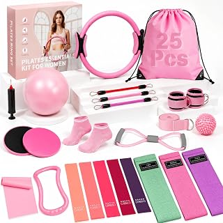 Pilates Kit & Pilates Equipment for Home Workouts, Essential Yoga Pilates Set with Pilates Ring Circle, Exercise Ball, Resistance Bands, Grip Socks & Storage Bag, Beginner Friendly Workout for Women