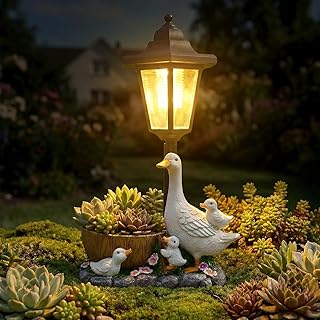 MDIOUM Duck Statue Garden Ornament with Solar Lantern Flowerpot | Outdoor Decoration, Art Sculptures for Patio Backyard Porch Ornament, Unique Gift