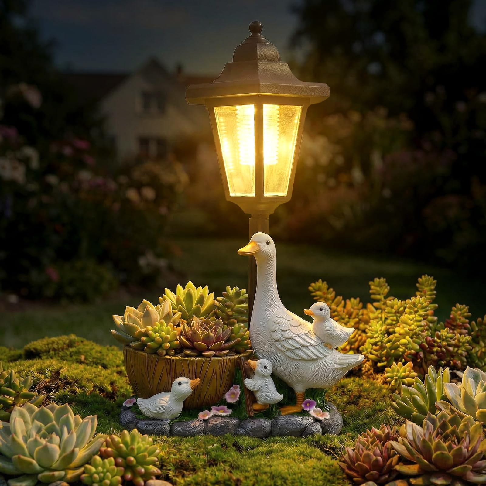 MDIOUM Duck Statue Garden Ornament with Solar Lantern Flowerpot | Outdoor Decora