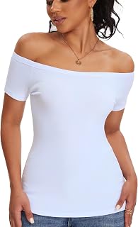 ASAIR off Shoulder Short Sleeve Tops for Women Boat Neck T Shirts Ribbed Basic Trendy Stretchy Tshirts