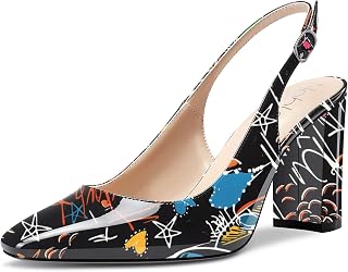 NobleOnly Women's High Chunky Wide Heel Closed Toe Square Toe Slingback Pumps Slip-on Cute Dress Office Shoes 8.5 CM Heels