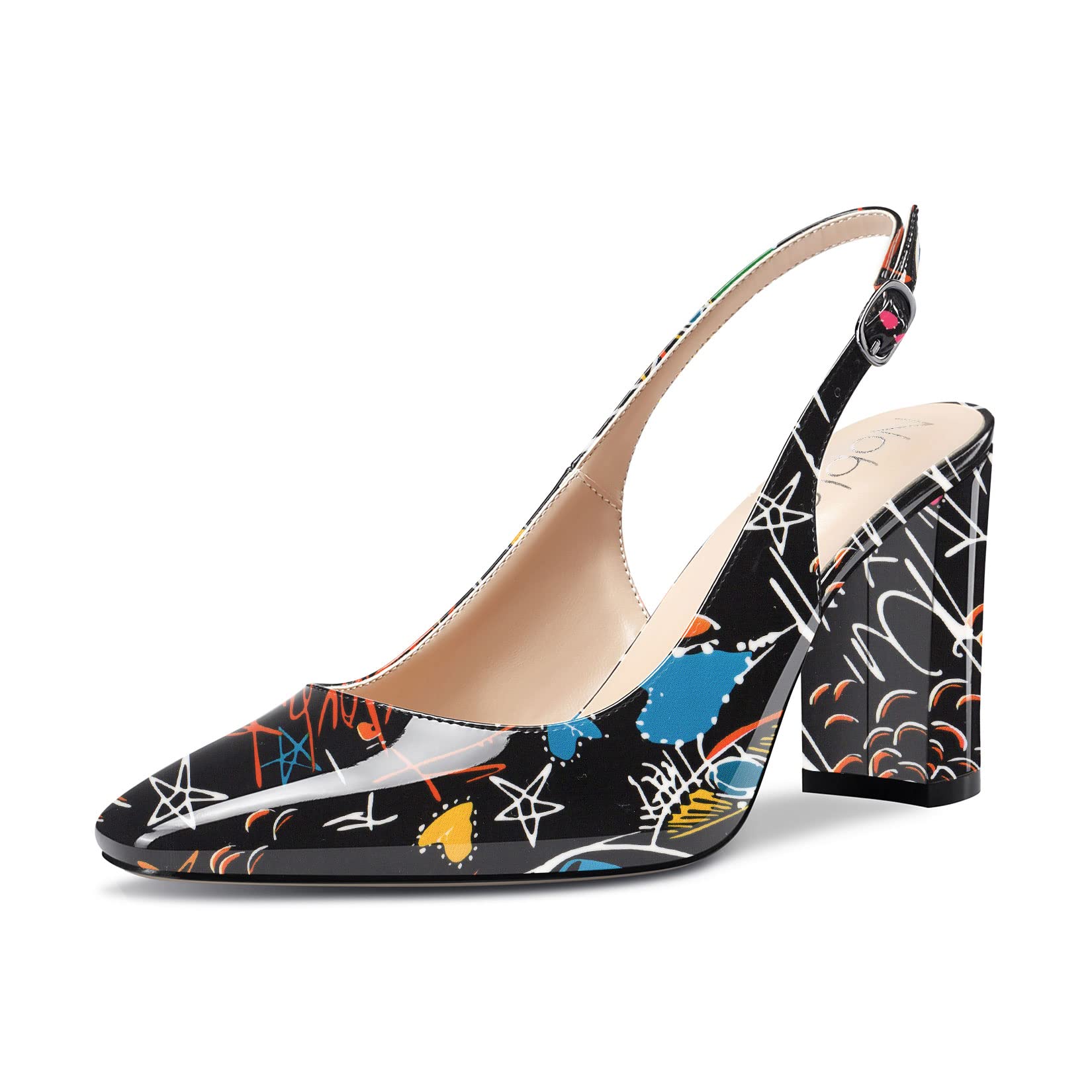 NobleOnly Women's High Chunky Wide Heel Closed Toe Square Toe Slingback Pumps Sl