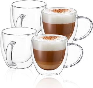 CNGLASS 8.5oz Glass Coffee Mugs,Double Wall Insulated Glass Mugs with Handle,Clear Espresso Mugs for Latte,Cappuccino,Tea Bag,Set of 4…