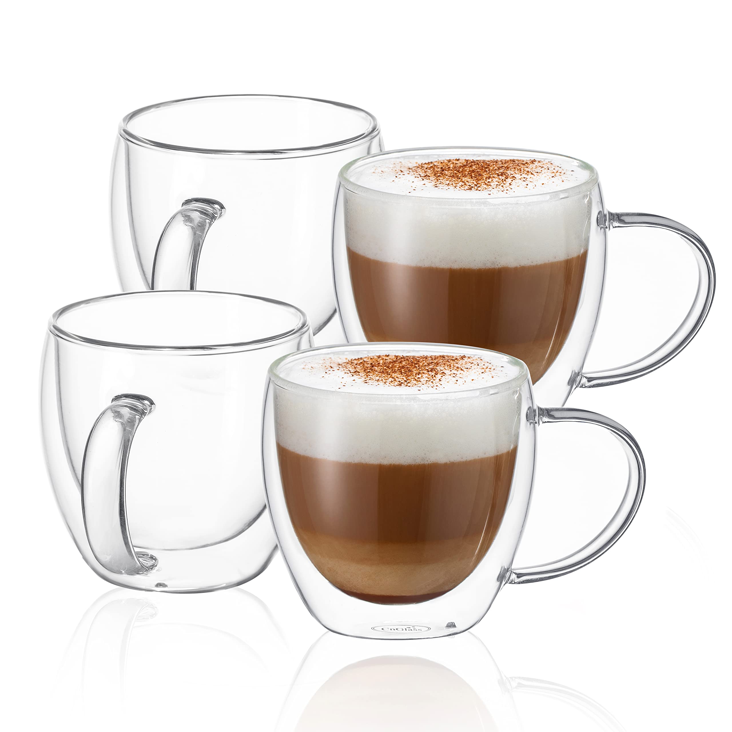 CNGLASS 8.5oz Glass Coffee Mugs,Double Wall Insulated Glass Mugs with Handle,Cle