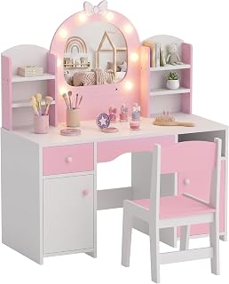 Qaba Kids Vanity Set with Lighted Bow Mirror for Girls 3-8 Years Old, Pink | Toddler Dressing Table and Chair Set, Cabinet, Drawer, Shelves, Pretend Makeup Playset