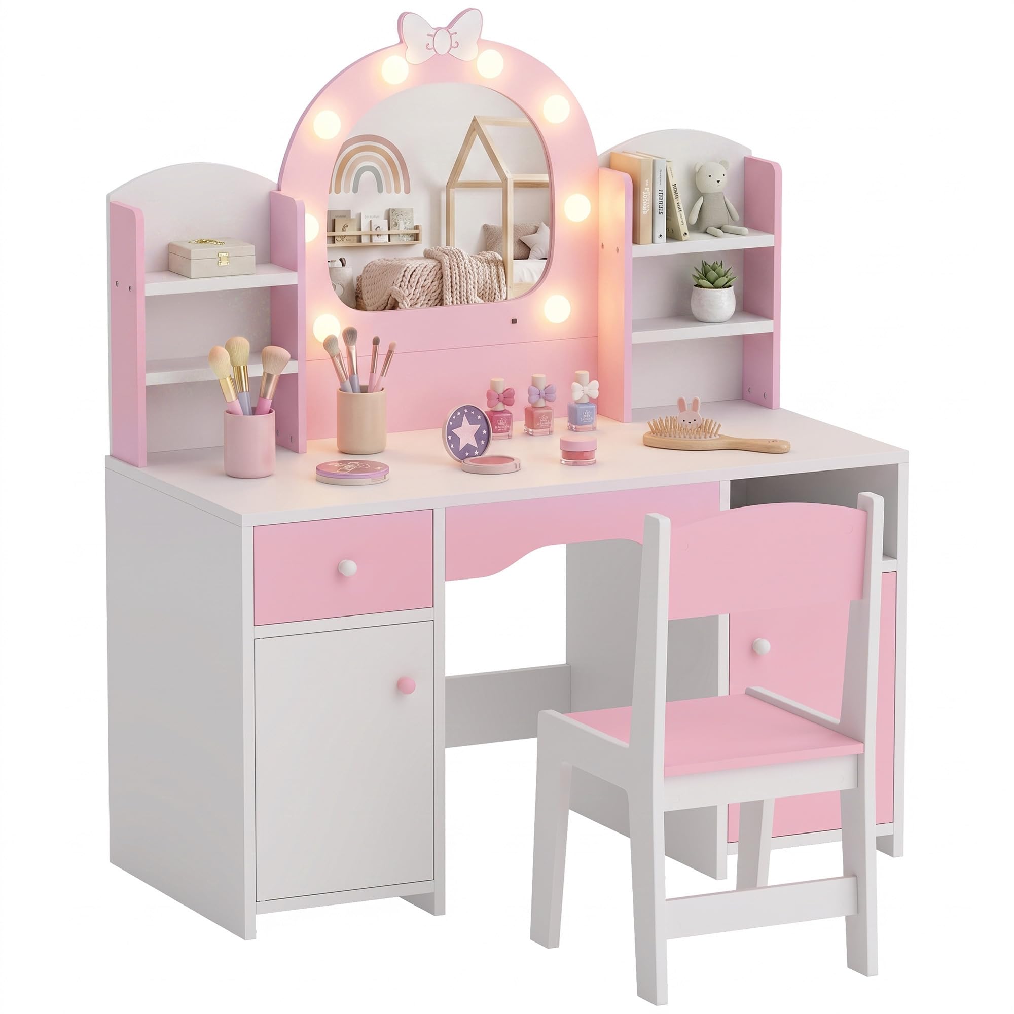 Qaba Kids Vanity Set with Lighted Bow Mirror for Girls 3-8 Years Old, Pink | Tod