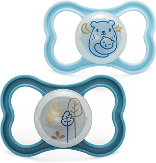 MAM Air Glow-in-the-Dark Dummies, 18-36M, 2 Pack| Orthodontic Design, Blue | SkinSoft Silicone Teat, Comes in Dummy Steriliser Box, Sustainable Materials, Baby Accessories (Designs Vary)