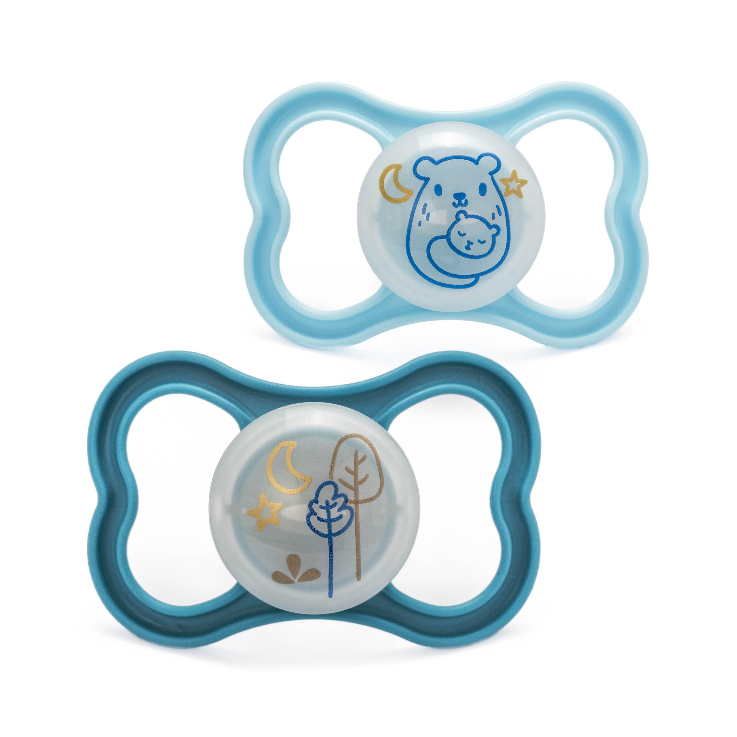 MAM Air Glow-in-the-Dark Dummies, 18-36M, 2 Pack| Orthodontic Design, Blue | Ski