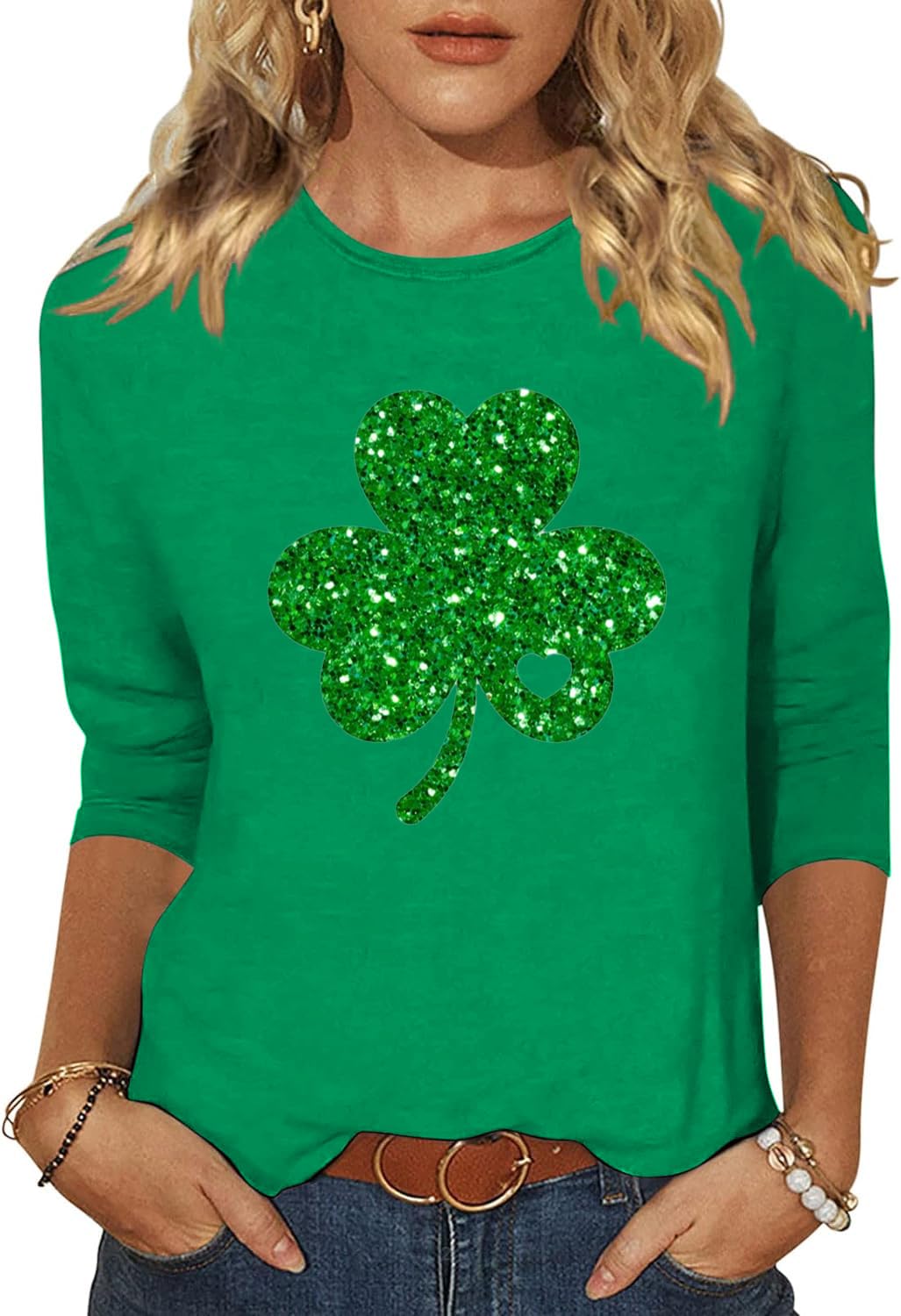 Woffccrd Womens 3/4 Sleeve St. Patrick's Day T-Shirts Crew Neck Spring Graphic T