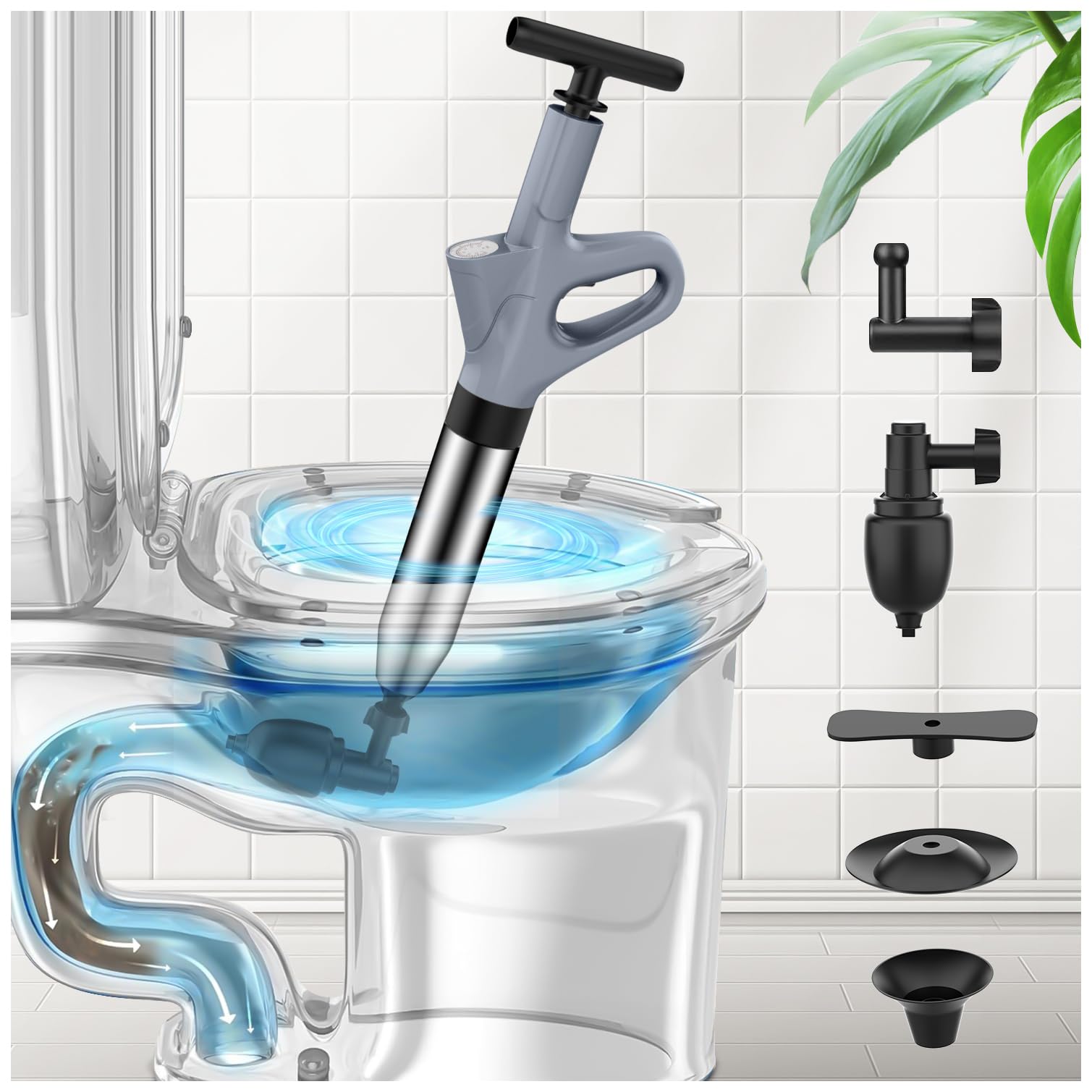 Toilet Plunger Heavy Duty, Toilet Snake for Unclogging with Pressure Gauge | Plu