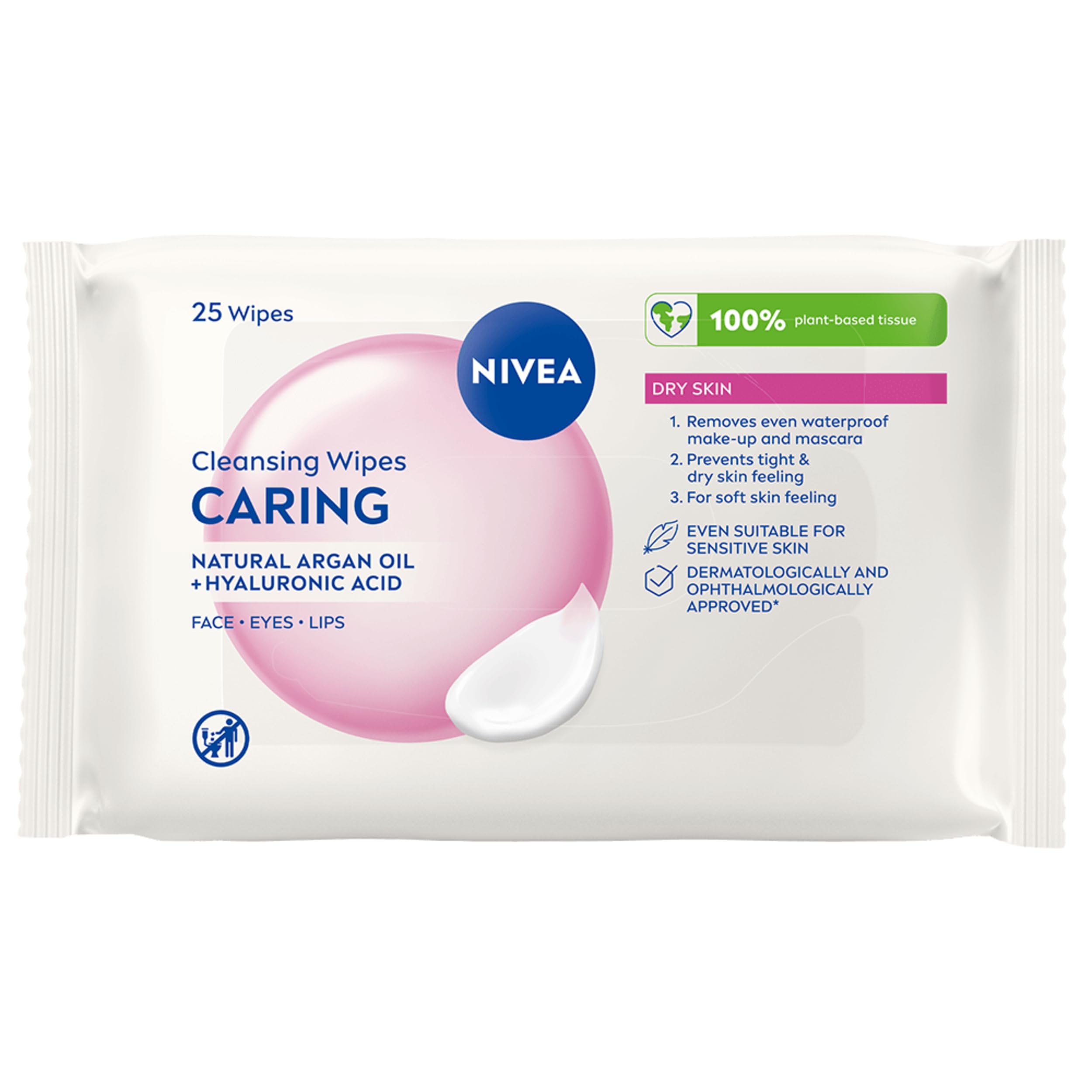 NIVEA Caring 3-in-1 Cleansing Face Wipes for Dry Skin (25 Sheets), Nourishing Fa