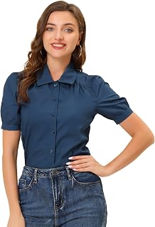 Women's Elegant Cotton Blouse Short Puff Sleeve Button Front