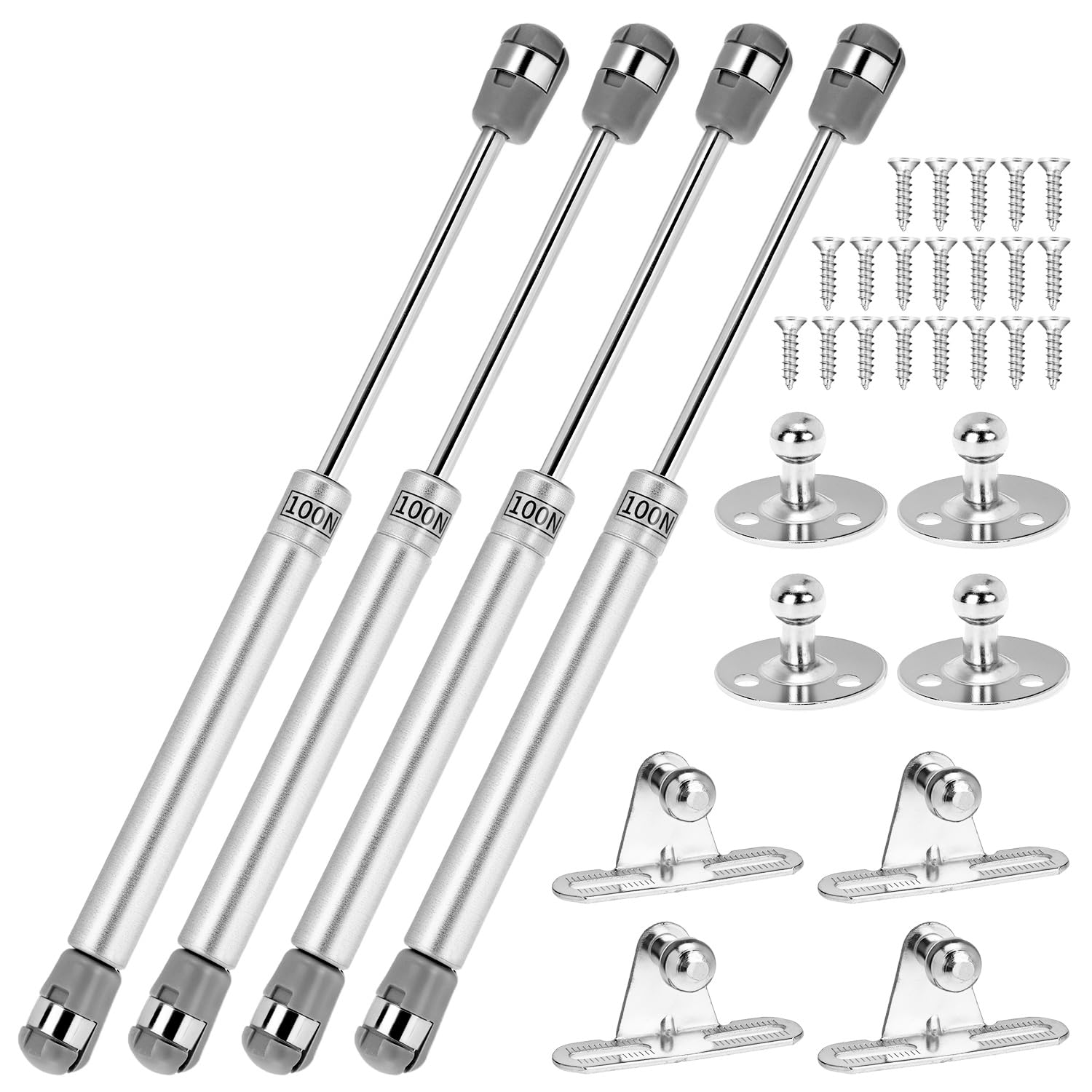 QWORK® 4 Pcs Gas Strut Kit, 100N/10KG Soft Close Gas Lift Strut, Silvery Gas Spr
