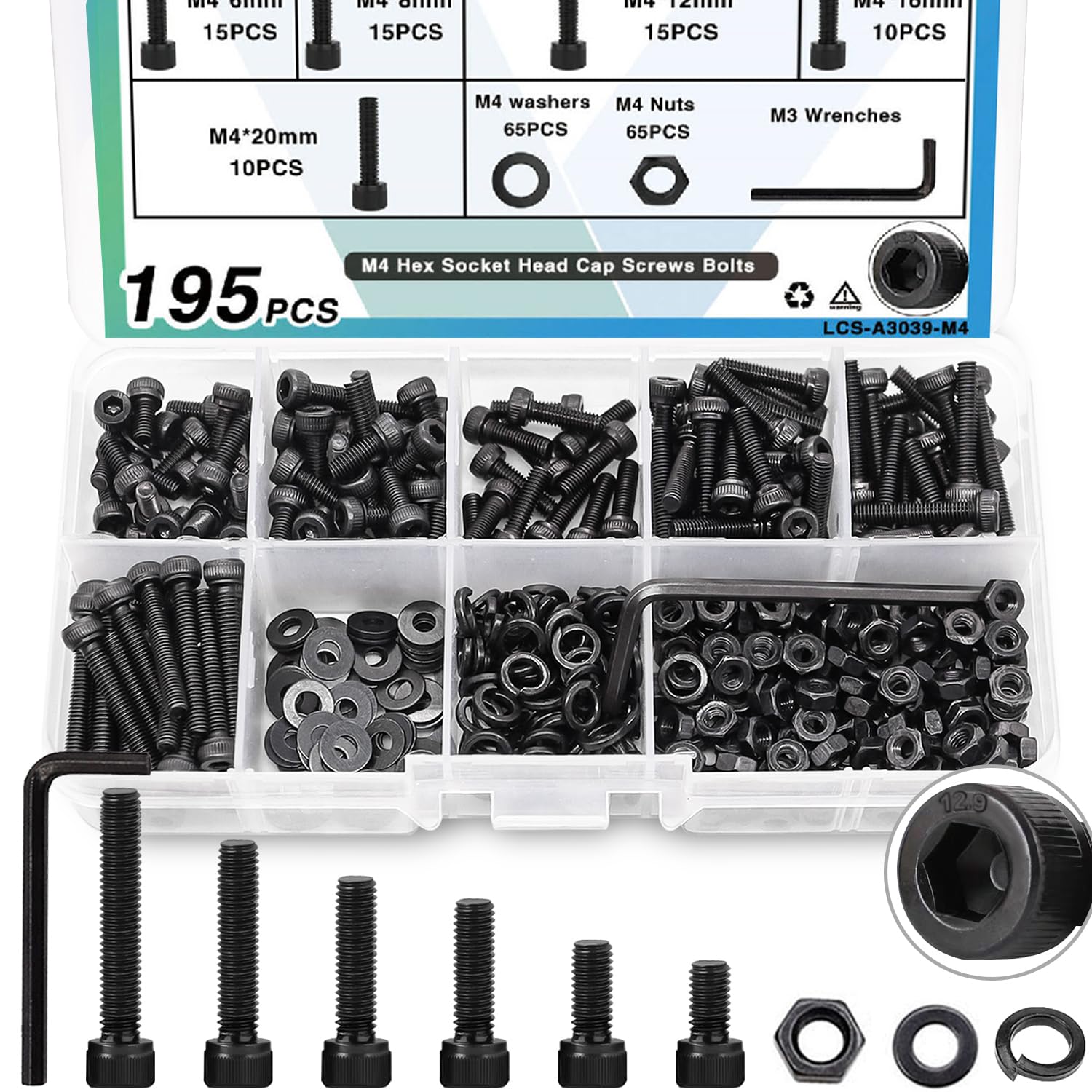 Generic M4 Screws Kit Hex Head Cap Screws 150pcs Alloy Steel Black Zinc Plated M
