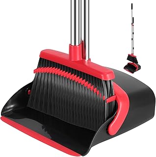NACENA Broom and Dustpan Set, 52-in Long Adjustable Handle Broom Dustpan Combo with Dustpan Teeth to Automatically Clean Hair Suitable for Home Kitchen Office Hall Floor（Black&Red）