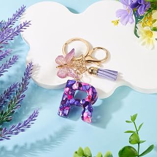1 llavero con letra del alfabeto, llavero de mariposa, bonito llavero con colgante de borla de letra inicial para llavero, bolso, mochila