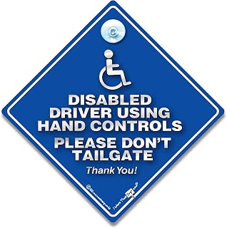 Disabled Driver Using Hand Controls Please Don't Tailgate Car Sign, Disabled Driver Sign, Disability Advisory Vehicle Sign for Wheelchair User Access in Super Bright Blue and Silver 14cm x 14cm x 2cm