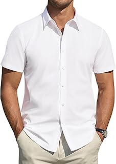J.VER, Mens Short Sleeve Stretch Shirt Stain Shield Casual Button-Down Formal Solid Color Shirt White 6XL