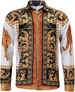 Camicia da uomo in raso color oro, con stampa, a maniche lunghe, alla moda, con chiusura a bottoni, di design, raffinata, appariscente, retrò, splendida, ideale da regalare