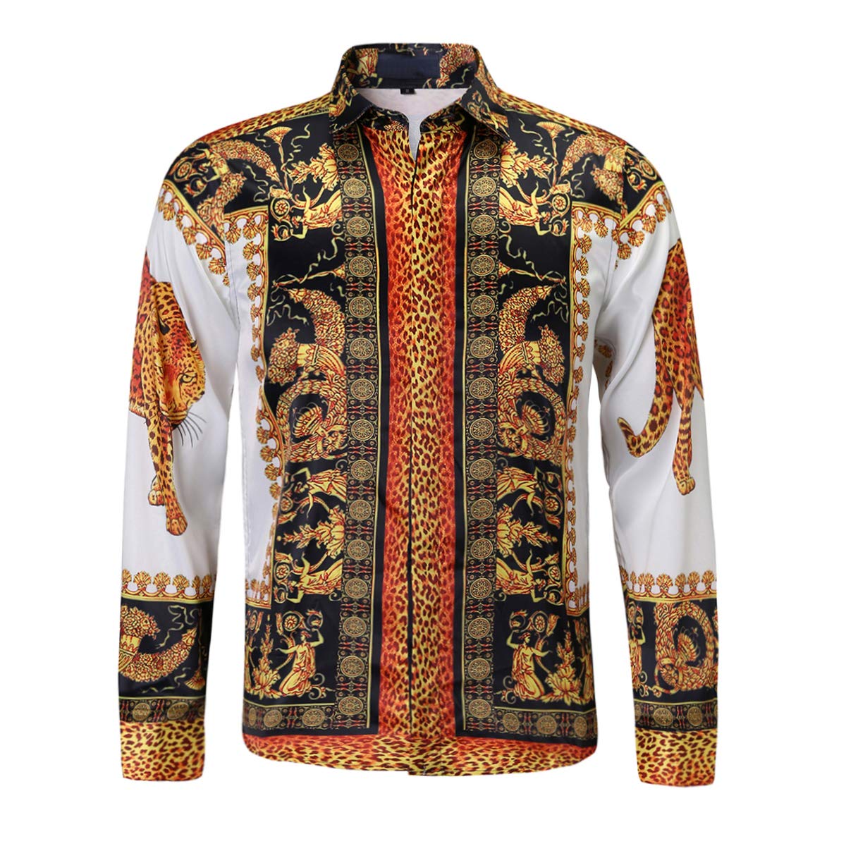 Camicia da uomo in raso color oro, con stampa, a maniche lunghe, alla moda, con 