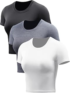 CADMUS Women's Dry Fit Crop Top Yoga Short Sleeve Shirts Crew Neck Athletic Running Tee 3 Pieces