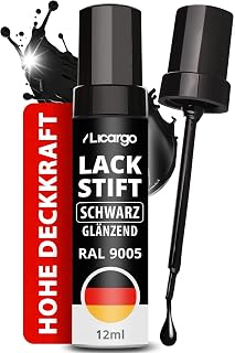 LICARGO Lackstift Schwarz Glänzend - Reparaturlack gegen Kratzer RAL 9005 | Covers stone chips, no clear varnish required, fine precision brush, rust protection, for car, rims and bicycles