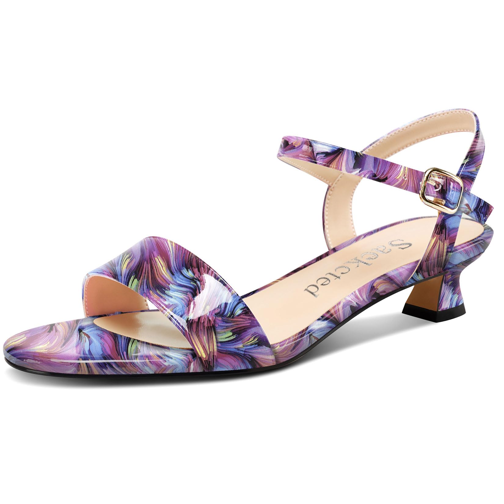 Saekcted Women Kitten Low Heel Open Toe Strappy Ankle Sandals Slingback Buckle D