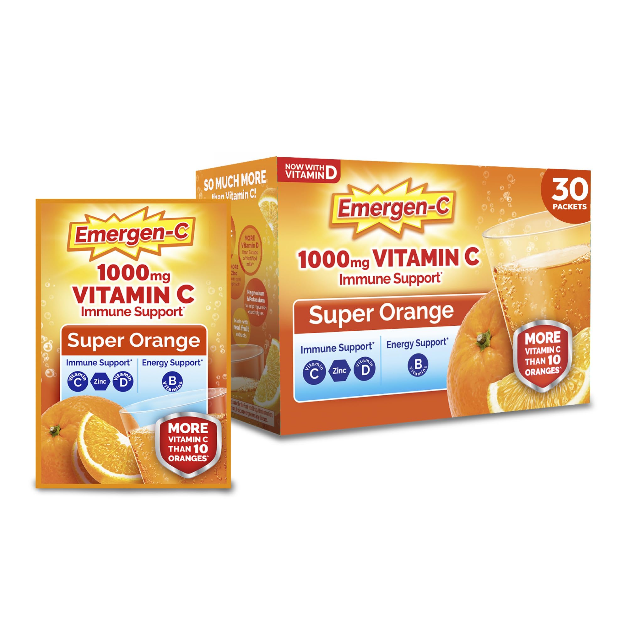 Emergen-C Vitamin C 1000mg Immune Support Powder, Orange, 30 Packets | B Vitamin