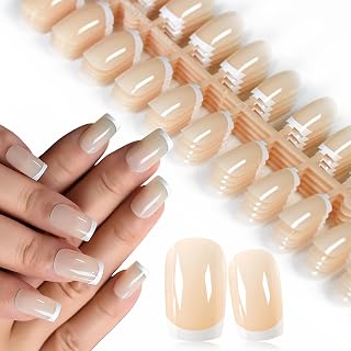 5 Pack Medium Short Square Press-On Nails, Pre-Designed Glossy Fake Nails, Salon Beige Nude French Nail Art Tips, Daily Nails with Adhesive Tab Gifts for Women and Girls