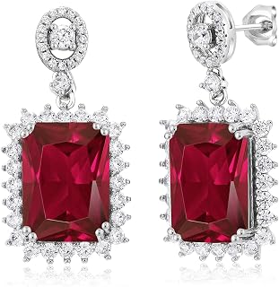 Gem Stone King 10-20 Cttw Gemstone Birthstone Halo Dangle Earrings For Women | 925 Sterling Silver | Emerald Cut 14X10MM | Fine Jewelry Gift for Her Mom Women Wife