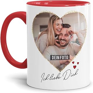 Tasse mit Spruch - Ich liebe Dich - zum Selbst gestalten mit zwei Fotos in Herzform - Geschenkidee für den Partner, Innen & Henkel Rot, 300 ml