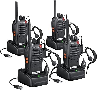 Proster Walkie Talkies 4 Pack Rechargeable 2 Way Radio PMR446 Licence Free | 16-Channel Radios for Adults, Work Teams and Outdoors, 500m-1.5km Open Ground, 10-12h Battery, VOX, LED Torch, 4 Earpieces