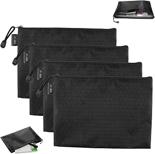 A5 Zipper File Bags,4 PCS Waterproof Document Holder with Zipper Foldable Nylon File Bag Pouch for Office School Travel and Stationary Organizer Black A5 Zip Folder Document Storage Bag