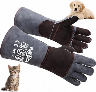 RAPICCA Animal Handling Gloves, Bite Proof Double Leather, 16 in Grey-Black | For Dog, Cat, Bird, Falconry, Snake & Reptile Handling; Vets, Groomers & Animal Control Teams