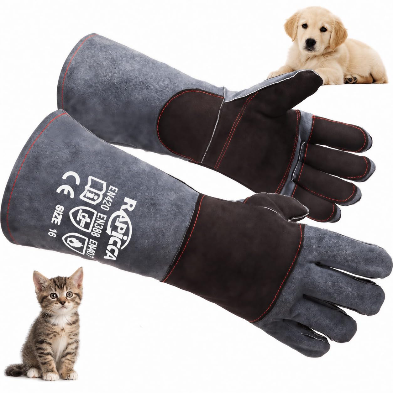 RAPICCA Animal Handling Gloves, Bite Proof Double Leather, 16 in Grey-Black | Fo